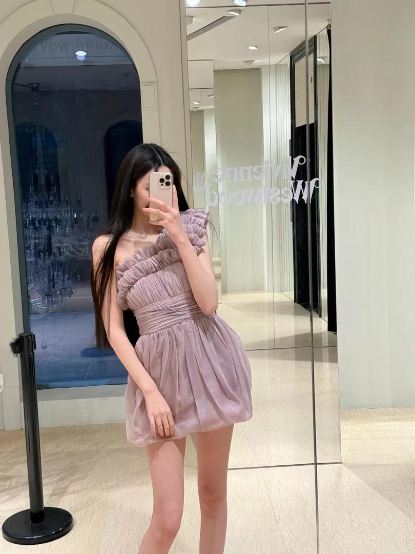 2025夏季新款设计感单肩裸肩收腰小礼服连衣裙伴娘裙宴会裙年会女