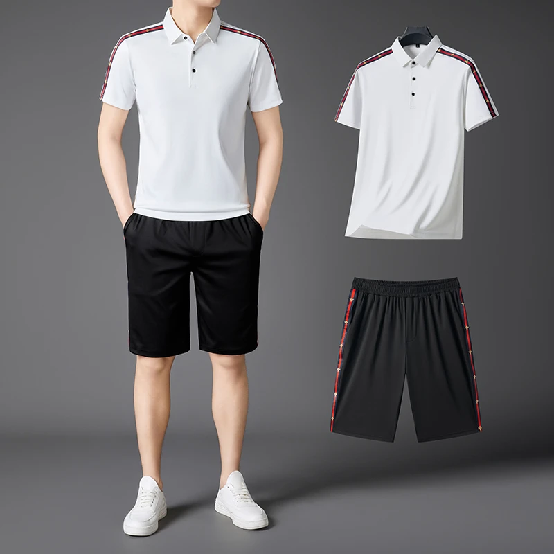 2025夏季新款男士透气冰丝休闲宽松时尚休闲运动潮流短袖T恤套装