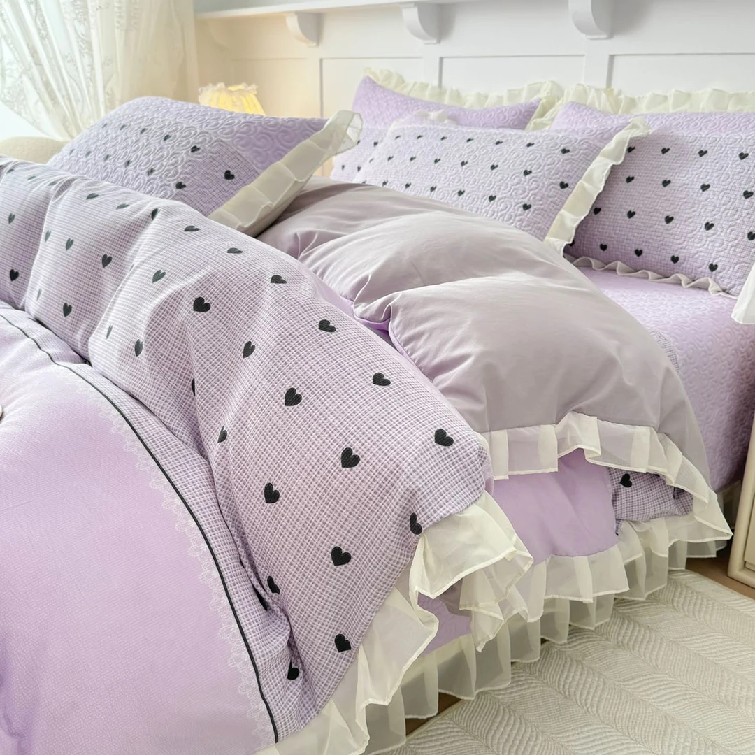 【晴美】新款皱皱棉拼色床盖款-心相印(紫)