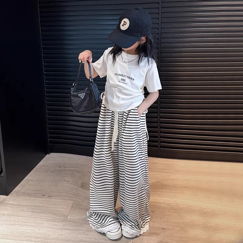 女童短袖套装夏季2025新款洋气女大童条纹阔腿裤儿童夏装韩系穿搭