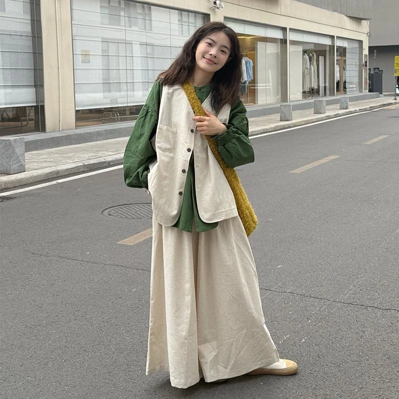 大码女装2025年早春新款韩系简约百搭日系棉麻衬衫+马甲+裤子套装