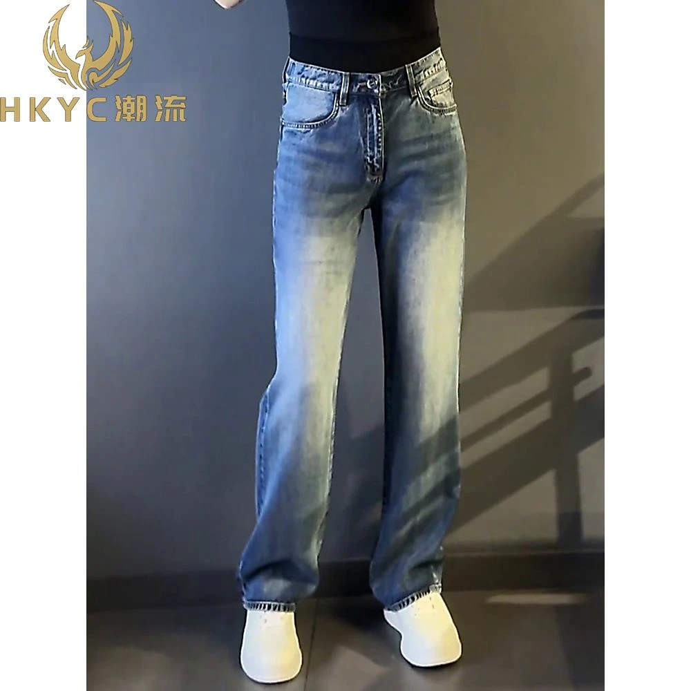 HKYC2025秋冬季高级复古水洗阔腿直筒牛仔裤男宽松轻奢简约长裤子