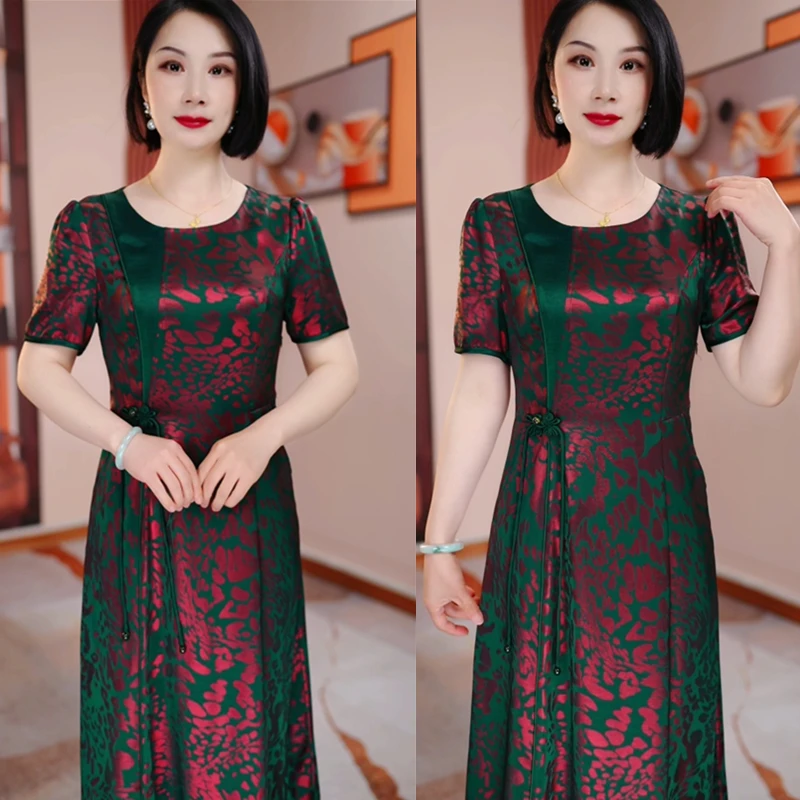 【现货】绿底红花夏新款遮肉显瘦修身气质连衣裙H5B047中国风妈妈装