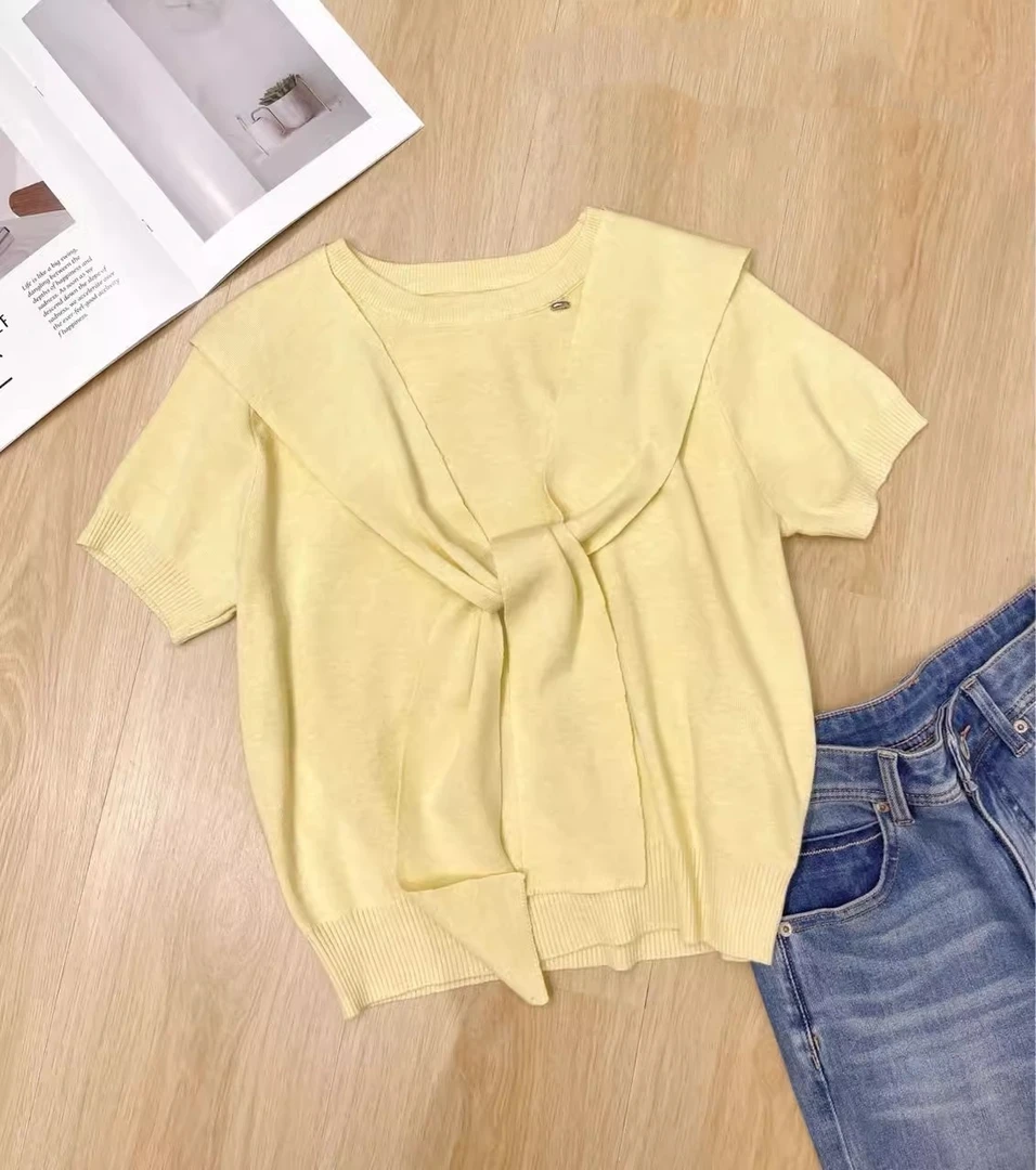 法式披肩假两件薄款针织圆领短袖t恤女早春新款设计感上衣8045
