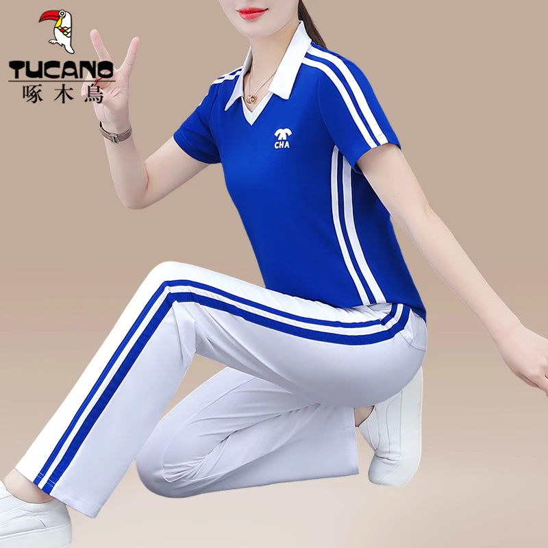 啄木鸟冰丝运动套装女夏薄款2025新款广场舞直筒裤翻领短袖两件套
