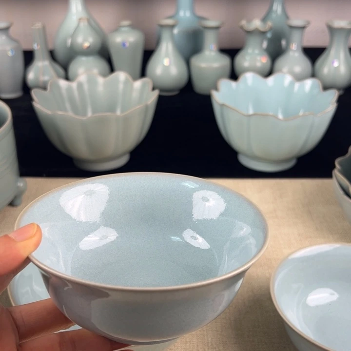 杯子瓷天青釉小号汝窑碗微瑕口径14厘米