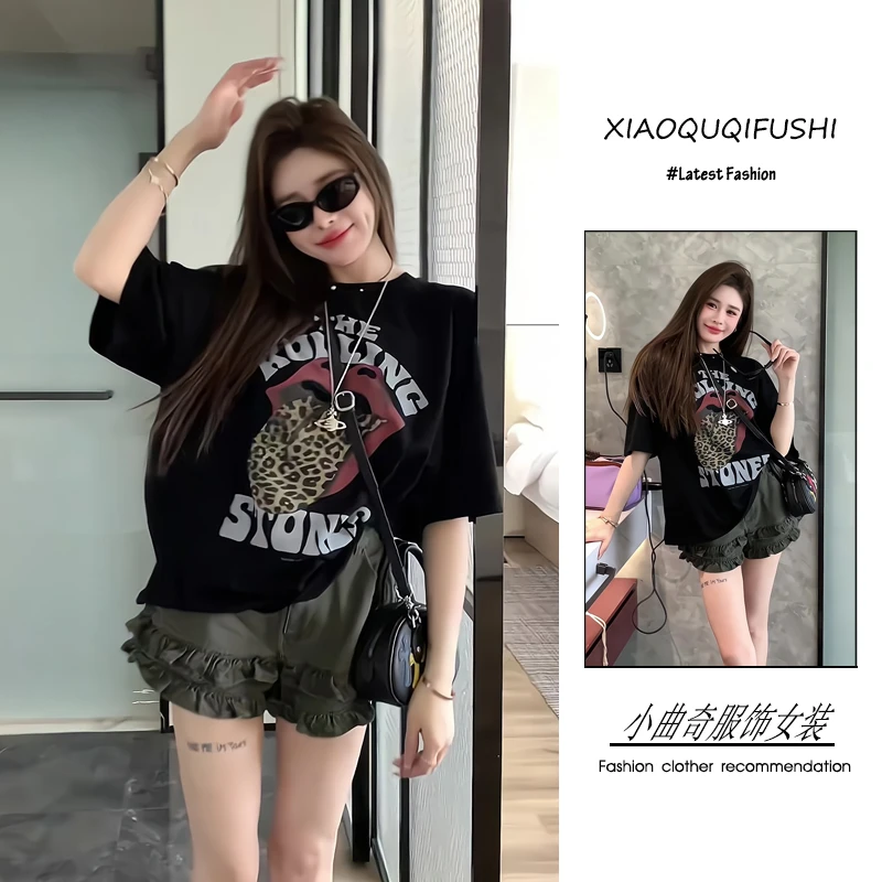 夏季流行穿搭一整套新款2025年韩版美式辣妹风宽松短袖木耳边短裤