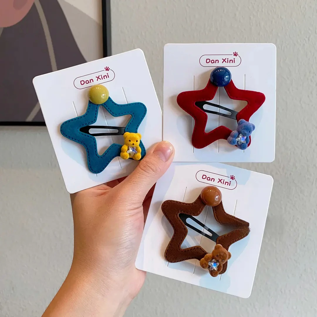 J儿童植绒五角星星发夹可爱小熊侧边发卡子女童新款发饰