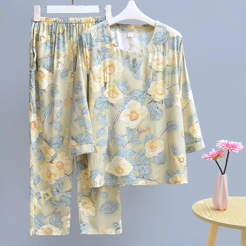 睡衣女套装夏天夏季薄款棉绸七分袖家居服中老年人妈妈可外出套装