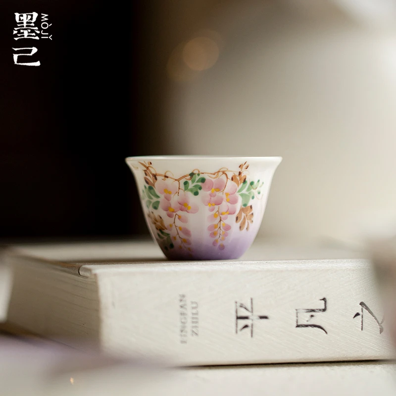 墨己玉泥手工陶瓷楚今茶杯小号手绘紫藤花功夫茶具家用品茗杯单杯