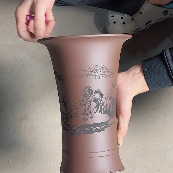 紫砂花盆刻绘竹林七贤