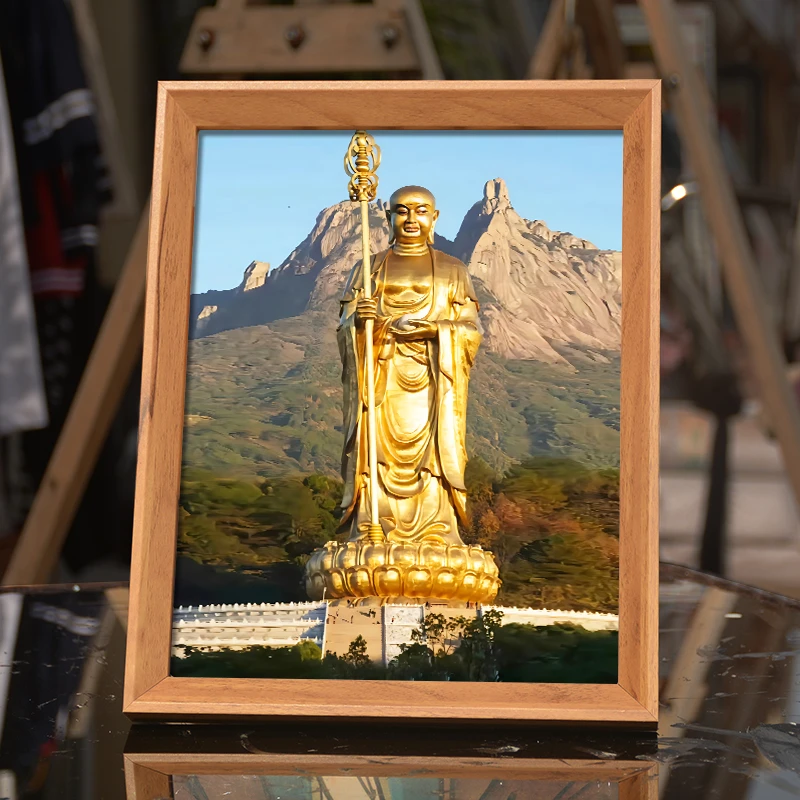 九华山地藏王菩萨佛像画像木质相框摆台家用铜像供奉神像摆台画