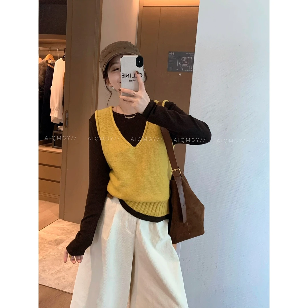 时尚套装女2025年秋季新款圆领长袖T恤叠穿马甲两件套