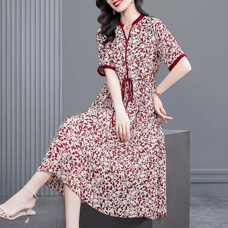 韩穆KA221769贵夫人碎花夏季连衣裙大码中老年妈妈品牌显瘦长裙子