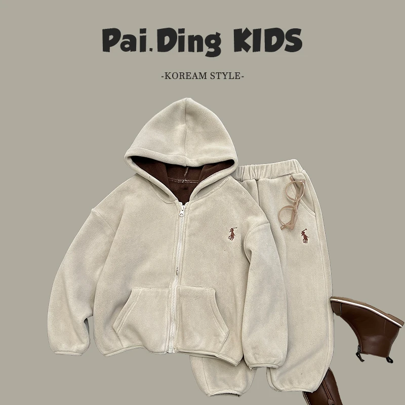 Q现货-冬装儿童韩版时尚简约刺绣标休闲多色加绒连帽套装SJ4514