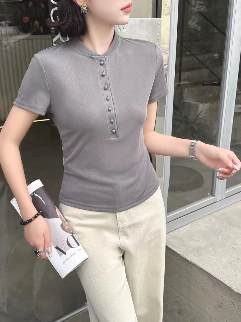 邹先森8818-29夏季时尚韩系简约显瘦设计感百搭上衣短袖