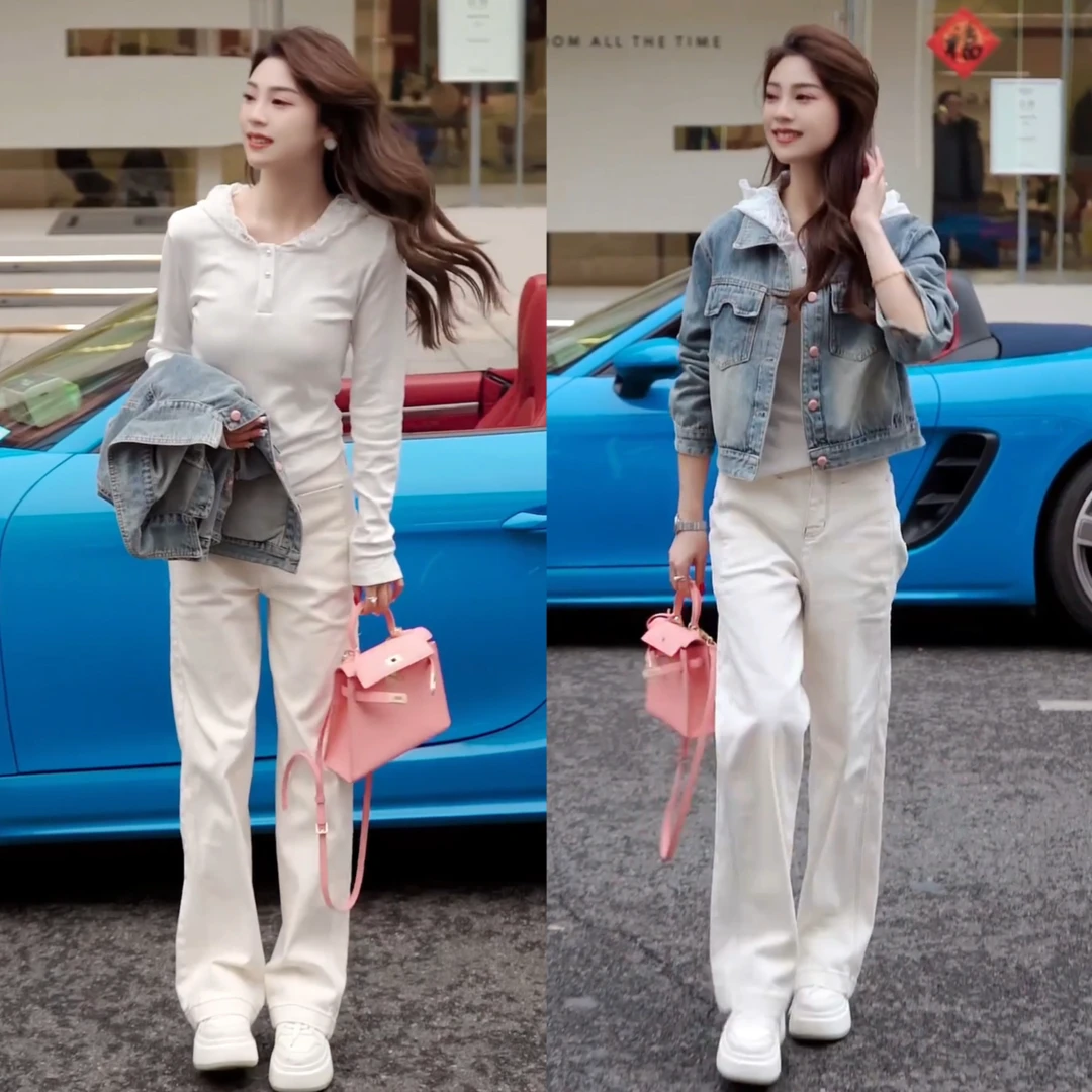 上衣后背刺绣牛仔外套春秋百搭拼接蕾丝洋气长袖套装韩版小个子