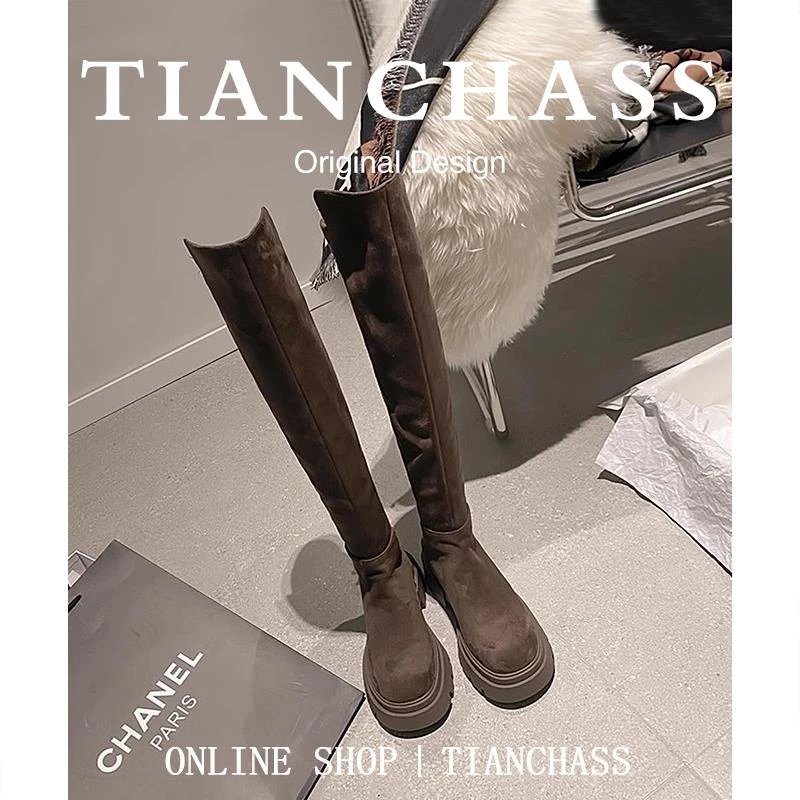 【澳门专柜正品】【TIANCHA】显瘦过膝长筒靴女绒面骑士靴秋冬弹力瘦