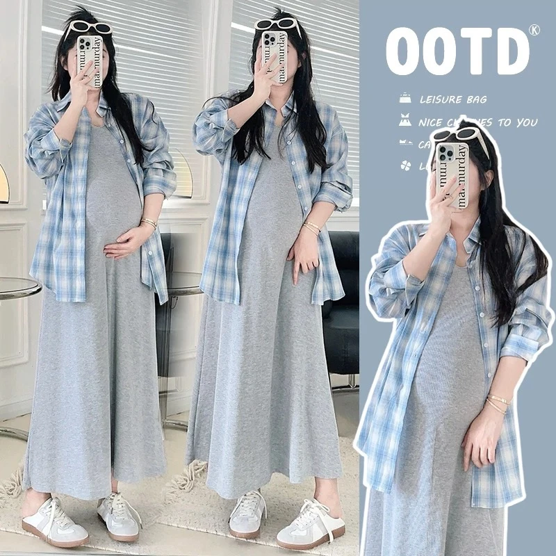 懒洋洋~大码时尚孕妇早春新款时尚翻领长袖格子衬衫+背心裙