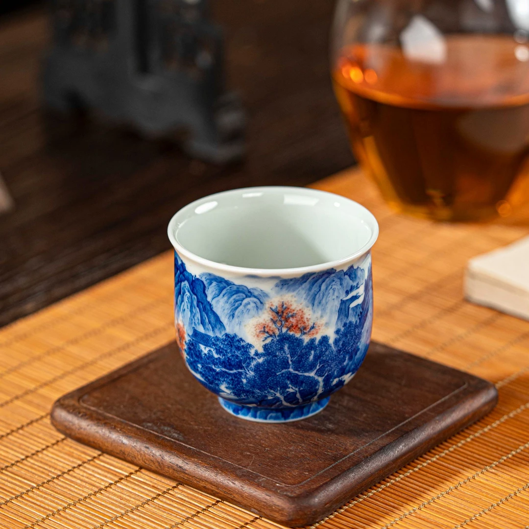 【墨舍名窑】屹朴花釉里红山水闻香杯yipu581 陶瓷纯手 工中式