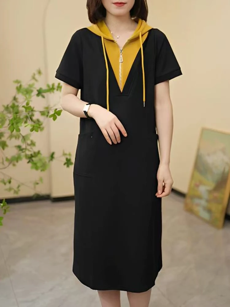 夏季时尚洋气女装撞色拼接连帽长款显瘦连衣裙917