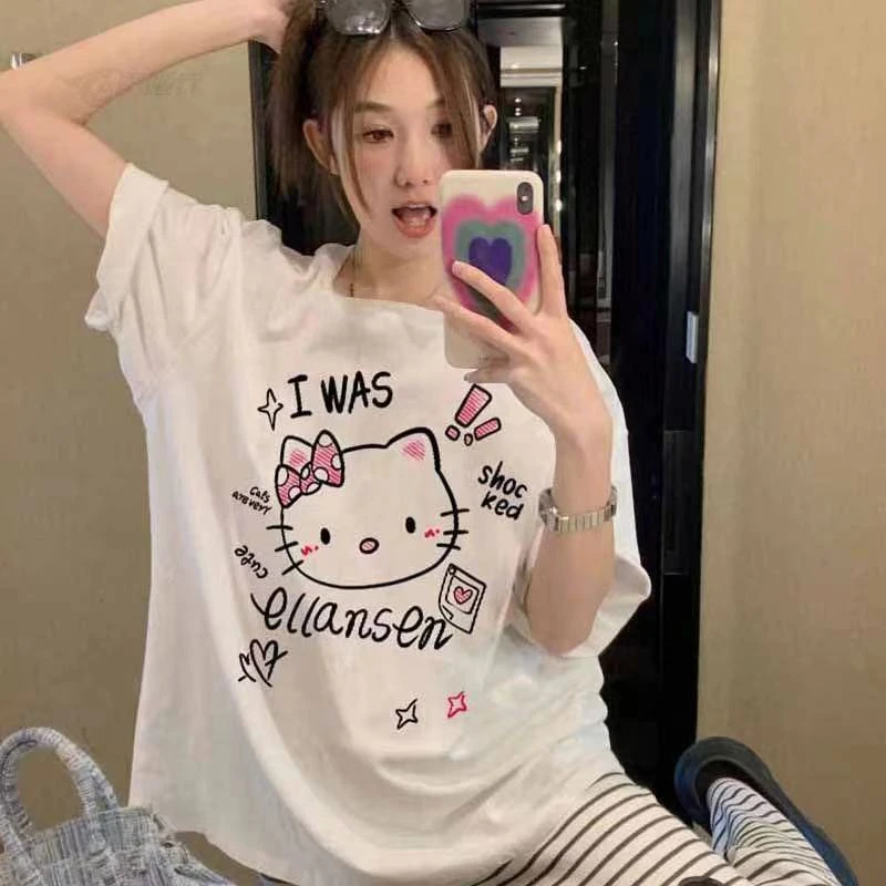 外穿宽松可爱T恤套装圆领短袖韩版印花宽松情侣卡通女士ins夏季