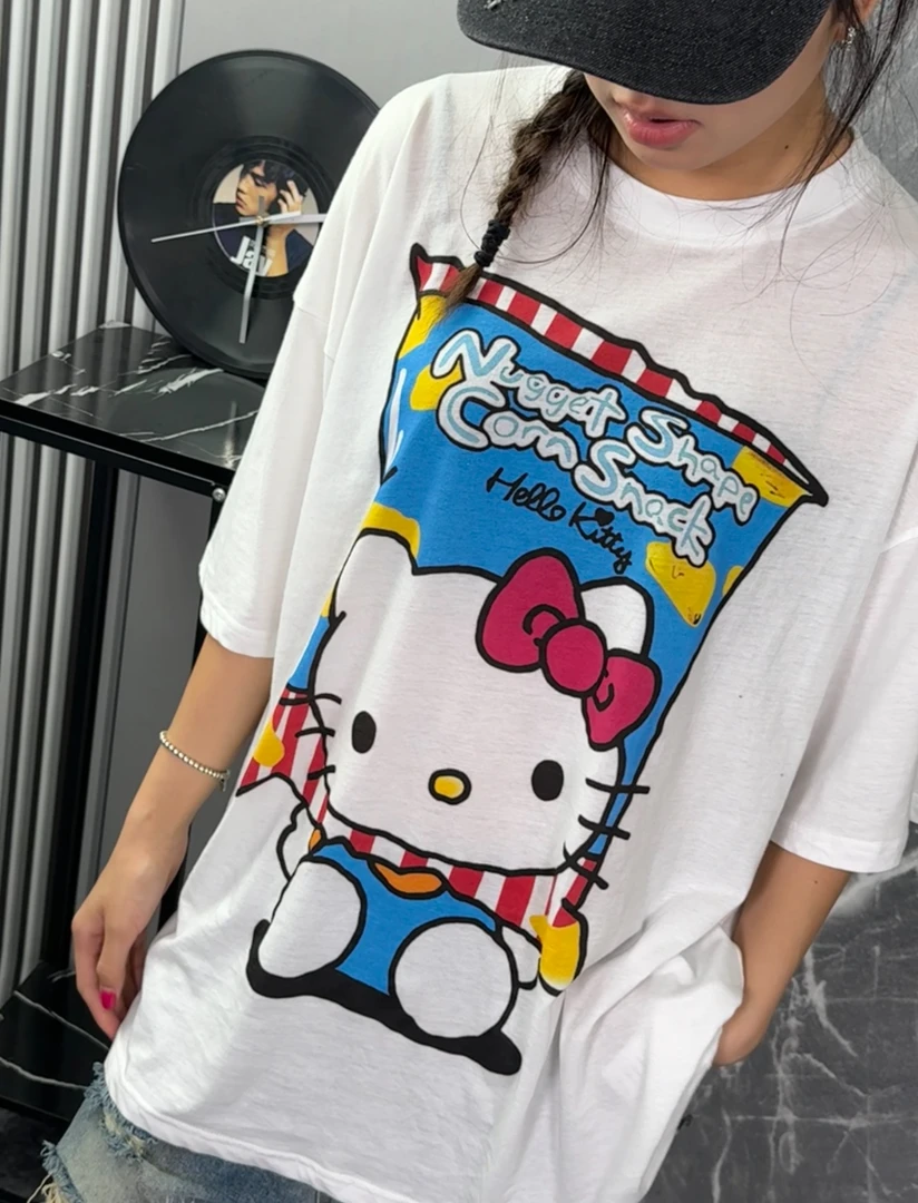 GG潮牌2025新款凯蒂猫白色短袖夏季宽松大码设计感T恤