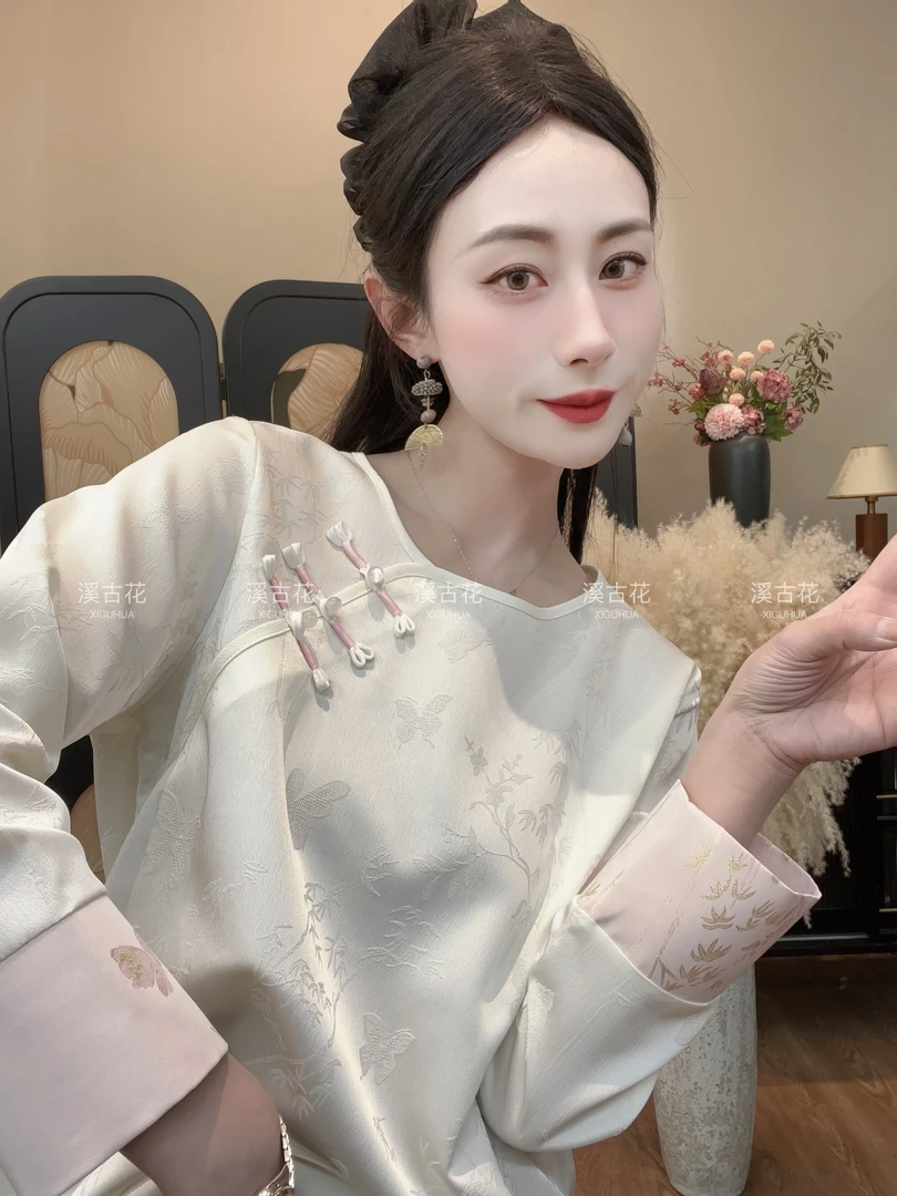 【暮春】 2025新款百搭圆领春季薄款打底新中式长袖国风女时尚内搭