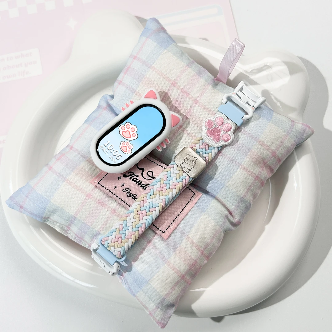 适用于小米手环10表带98招财小猫刺绣猫爪尼龙编织表带