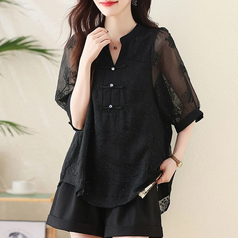 新中式黑色短袖衬衫女2025夏季新款洋气减龄宽松显瘦复古国风上衣