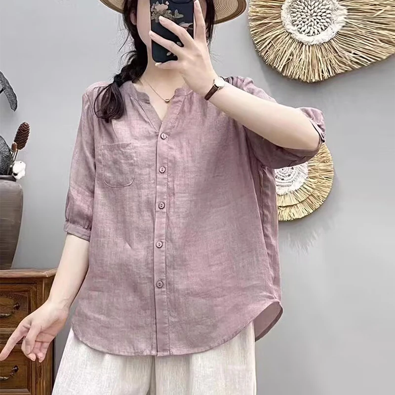 夏季新款斜纹苎麻衬衫女薄款百搭减龄宽松上衣6549