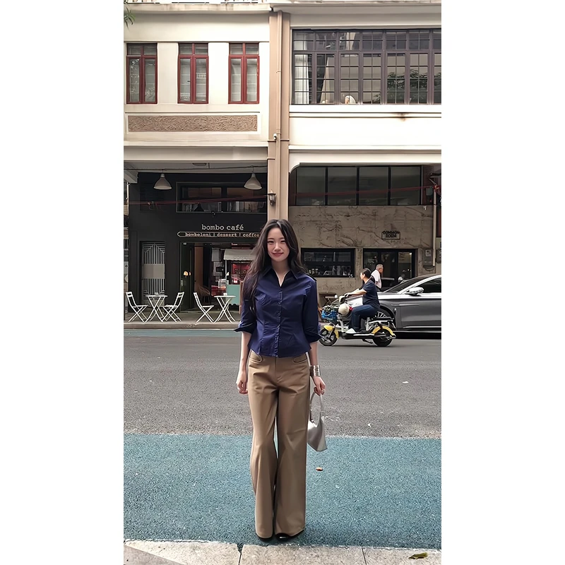 2025新款女士夏季法式气质高级感V领收腰显瘦衬衫上衣高腰阔腿裤