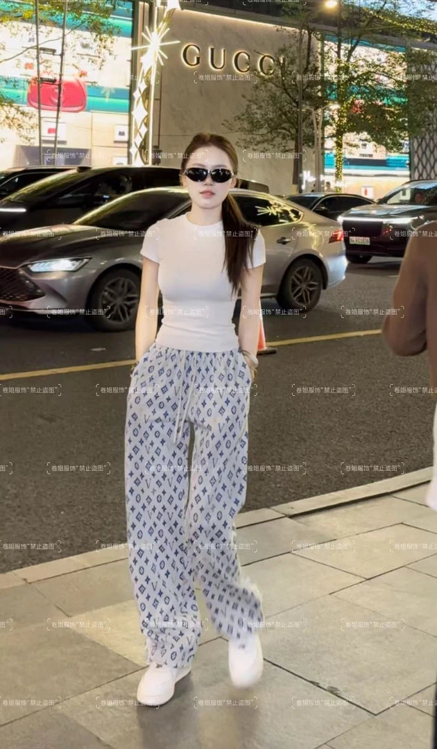 《老板娘推荐》25年夏季新款限定蓝色小清新百搭时尚阔腿裤可束脚1