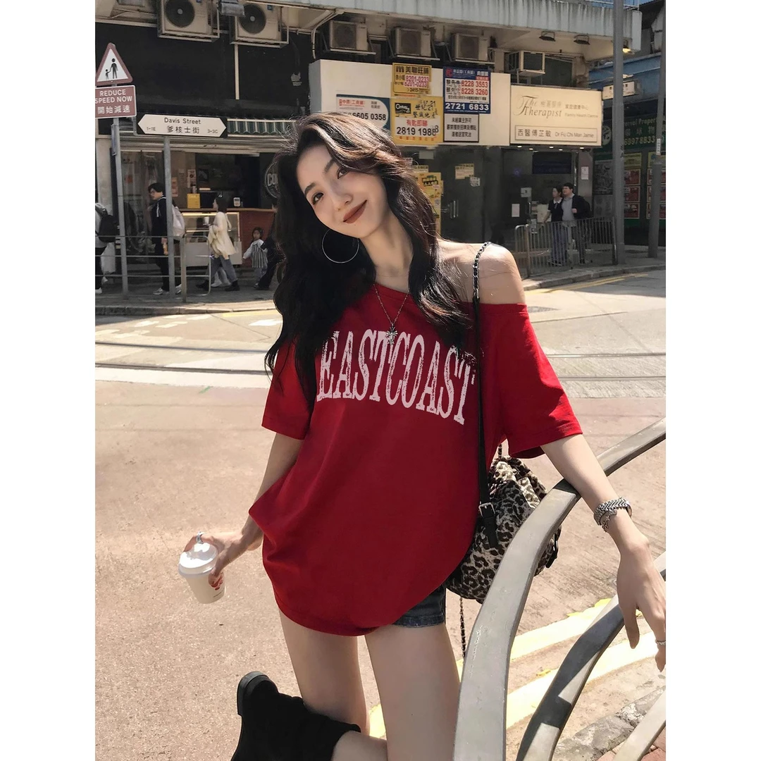 夏季新款斜肩上衣露肩百搭短袖女t恤ins欧美风设计感字母印花女装