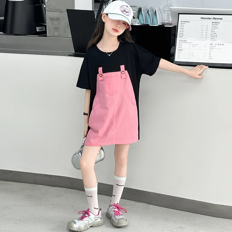 女童裙子夏季儿童卡通假两件连衣裙2025新款大童夏天短袖T恤裙潮3