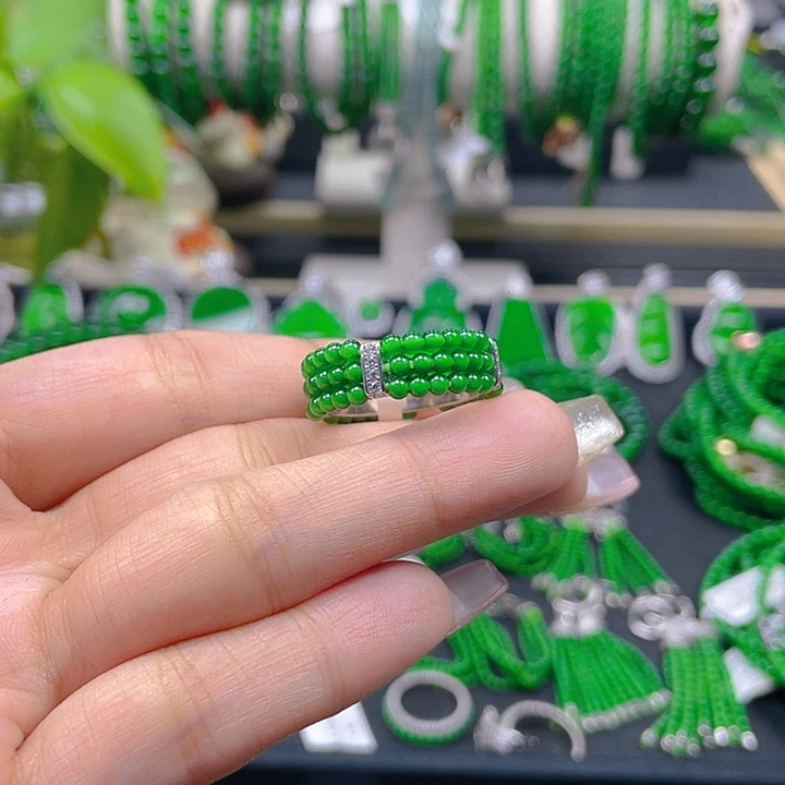 翡翠戒指银S925镶嵌圆珠戒圈2.5