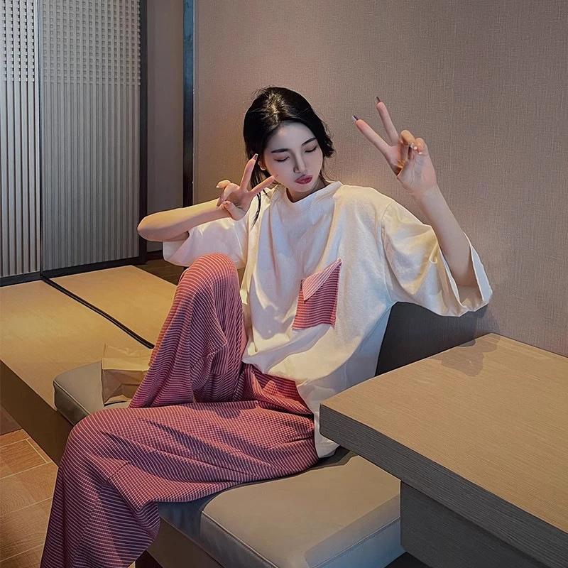 女大学生睡衣推荐短袖夏季圆领睡衣家居服套装薄款网红垂感睡衣女