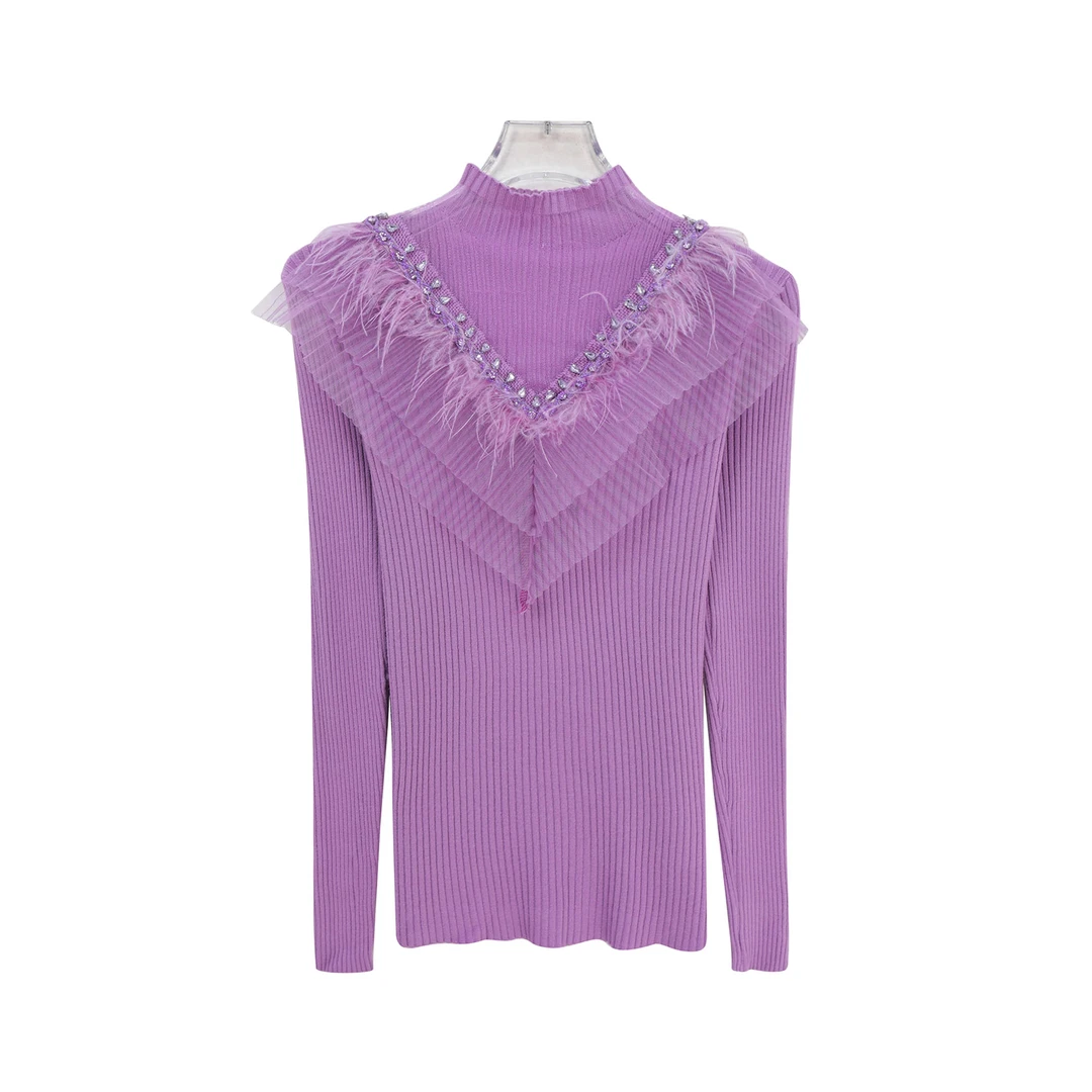 S名媛千金风网纱镂空烫钻修身针织衫X27735