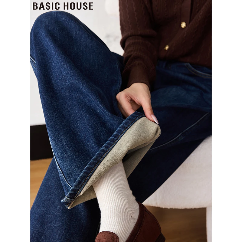 Basic House/百家好蓝色阔腿牛仔裤高腰加绒加厚直筒裤女2025冬季