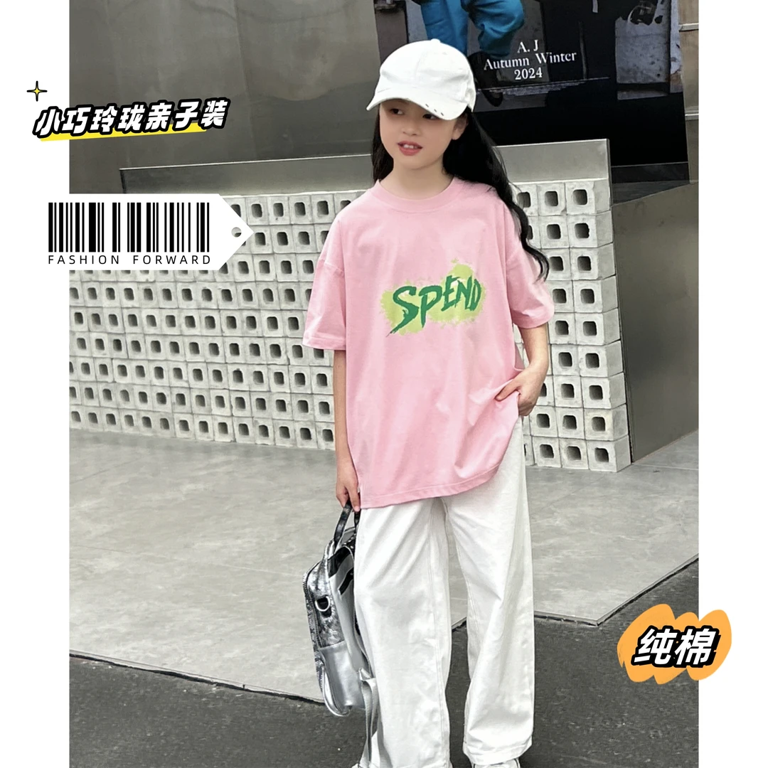 男女童亲子装夏季新款前后字母印花纯棉短袖休闲T恤洋气宽松韩版