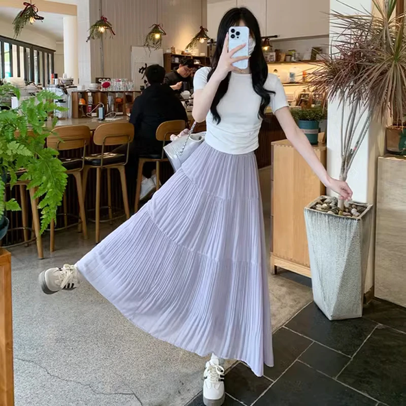 韩系雪纺半身裙女2025春季新款高腰a字蛋糕裙飘飘大摆中长裙子夏