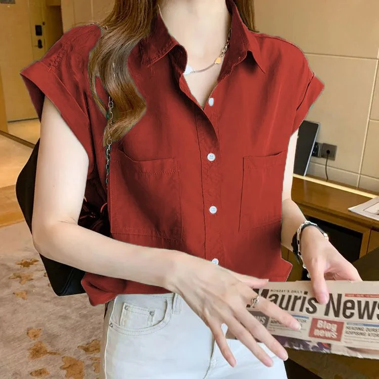 拉夏贝尔（同款剪标）新款韩风宽松雪纺短袖上衣女设计感小众翻领衬