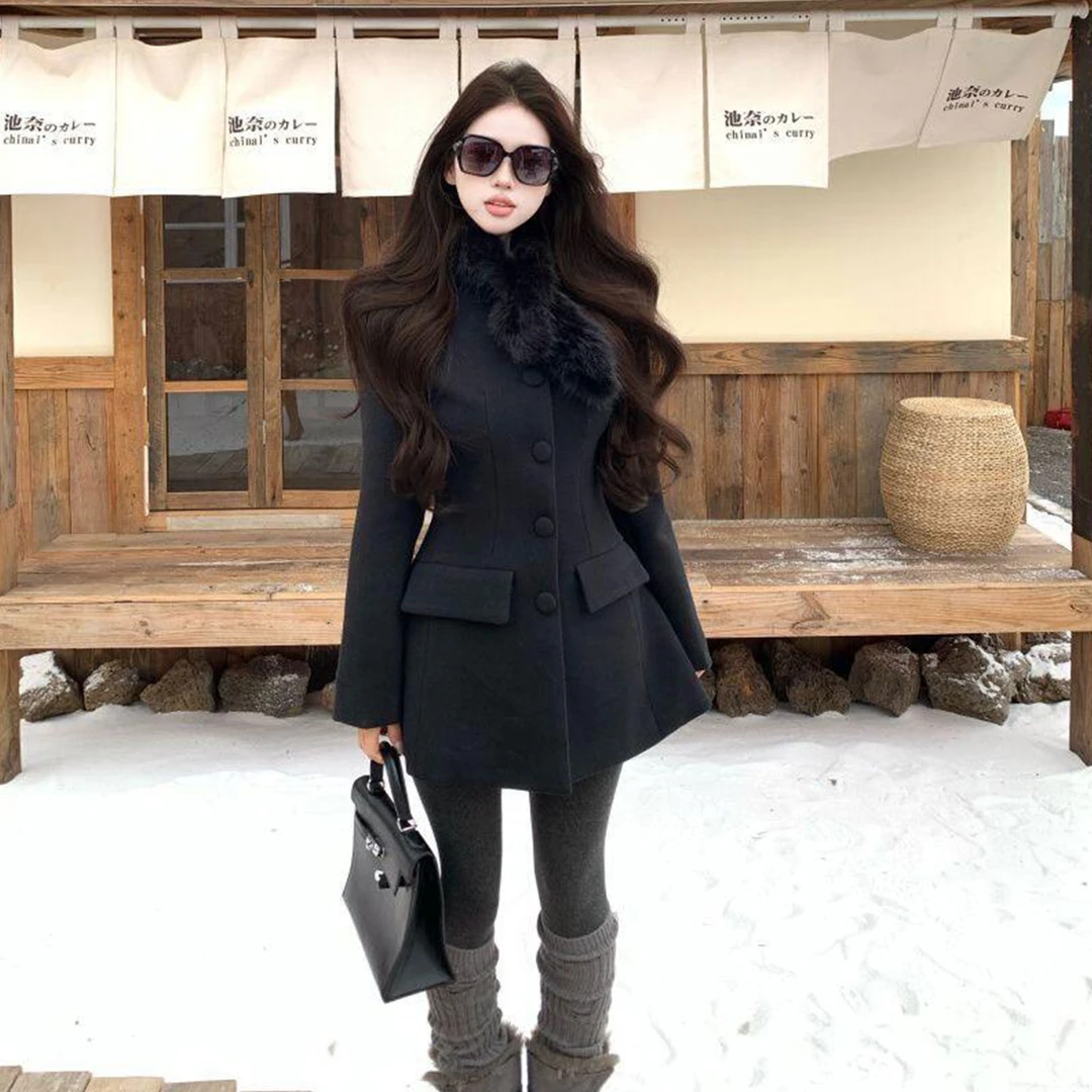 厚黑外套女冬季新款韩版高级复古老钱风沙漏收腰夹棉灰色毛呢大衣