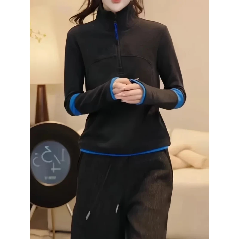 通勤风撞色半拉链卫衣显瘦女秋冬大码胖mm宽松减龄设计感立领上衣