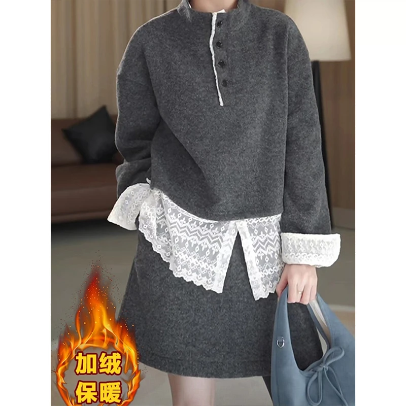 老钱风加绒套装女2026秋冬新款蕾丝拼接下摆卫衣+高腰半裙两件套