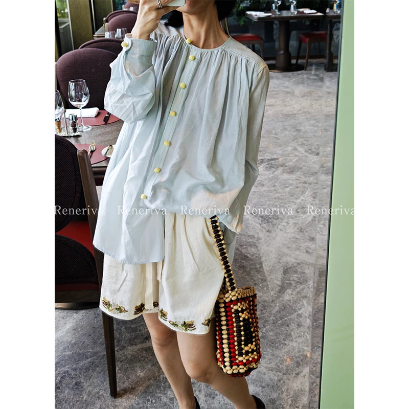 ReneRiva买手店 Riva 冰川蓝夏日海岛水仙盘扣清新衬衣