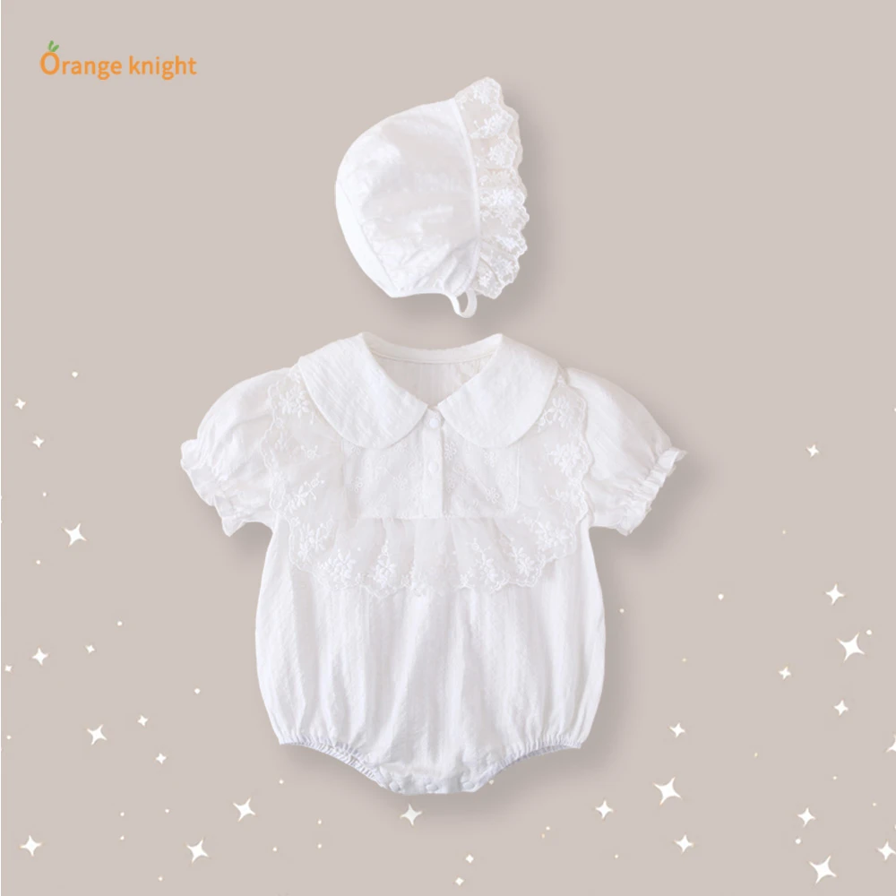 婴儿夏季流行款甜美公主0 - 3岁女宝宝短袖娃娃领蕾丝花边包屁衣