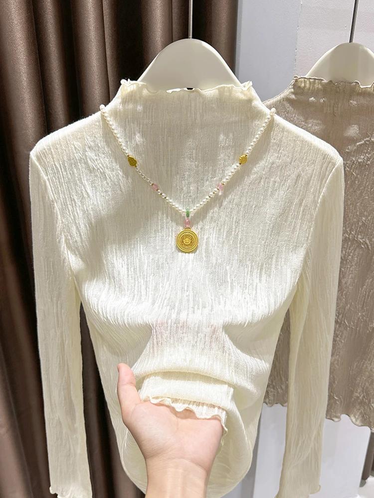 秋冬新款淑女风半高领长袖内搭打底衫洋气减龄木耳边显瘦抗皱小衫