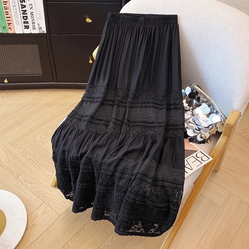 拉夏贝尔高级感气质时尚半身裙女春秋2025年新款遮肉显瘦蕾丝伞裙