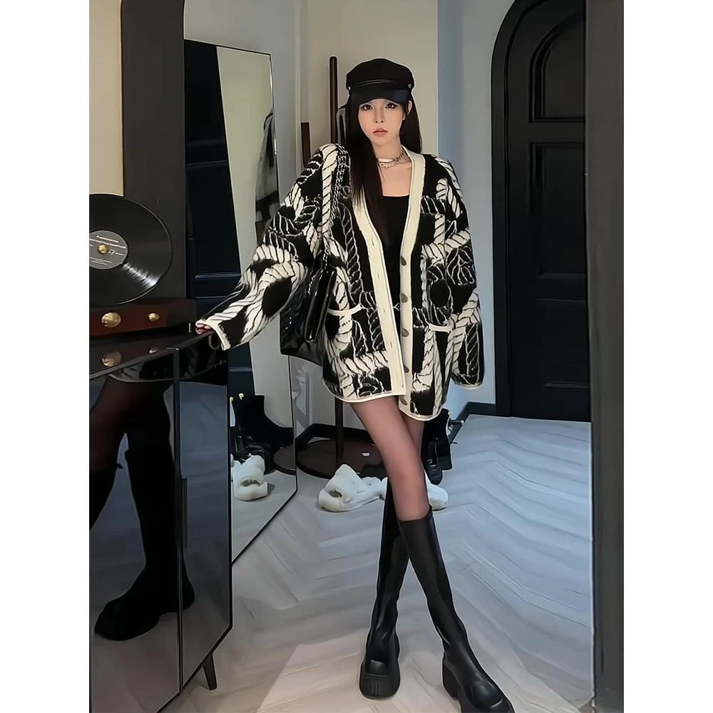 法芬图软糯慵懒风中长款毛衣开衫女秋冬新款宽松休闲时尚针织外套